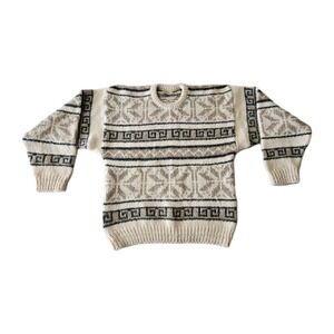 Vtg Gaeltarra Greek Key Snowflake Irish Wool Knit Balloon Sleeve Sweater S